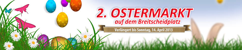 Schriftzug Ostermarkt vor Grafik mit Grass, Ostereiern, Schmetterlingen und Osterhase