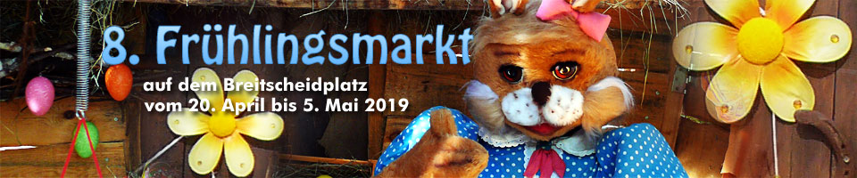 Schriftzug Ostermarkt vor Grafik mit Grass, Ostereiern, Schmetterlingen und Osterhase